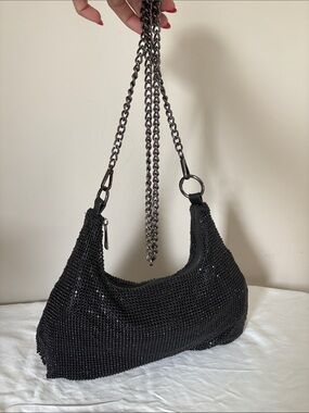 Anthropologie  Black Chainmail Evening Shoulder Bag with Gun metal chain strap
